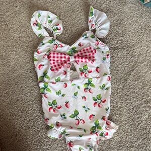 Strawberry Print Swimsuit with Red Bow